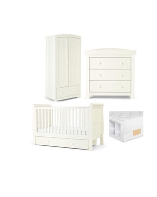 Mia 4 Piece Cotbed with Dresser Changer, Wardrobe, and Essential Pocket Spring Mattress Set